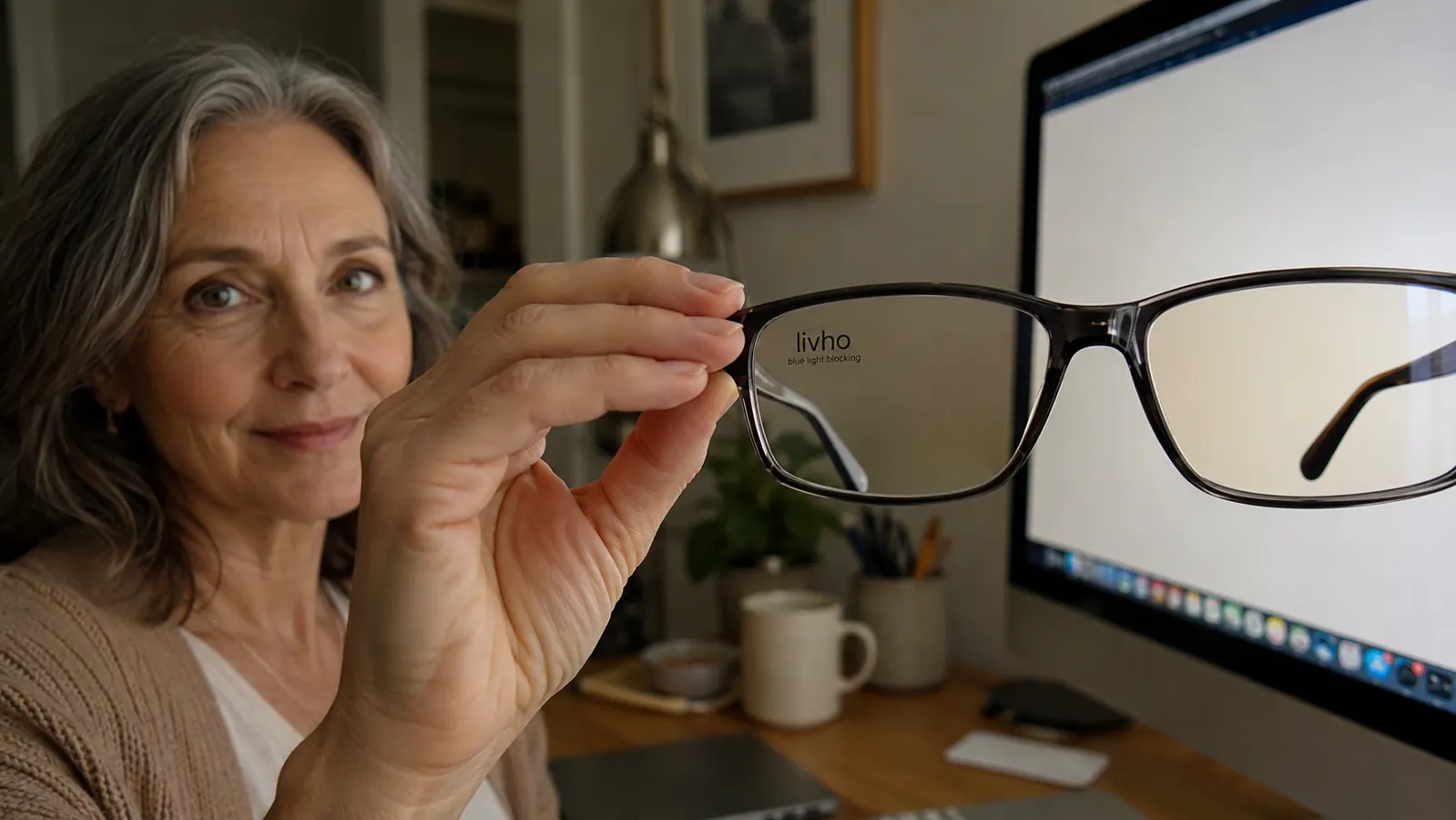 Hand holding a pair of livho blue light glasses up in front of a monitor showing the slight amber tint on the lens