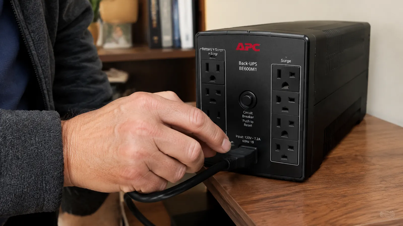 Hand plugging a desktop computer power cord into the battery-backed outlets on a mini UPS