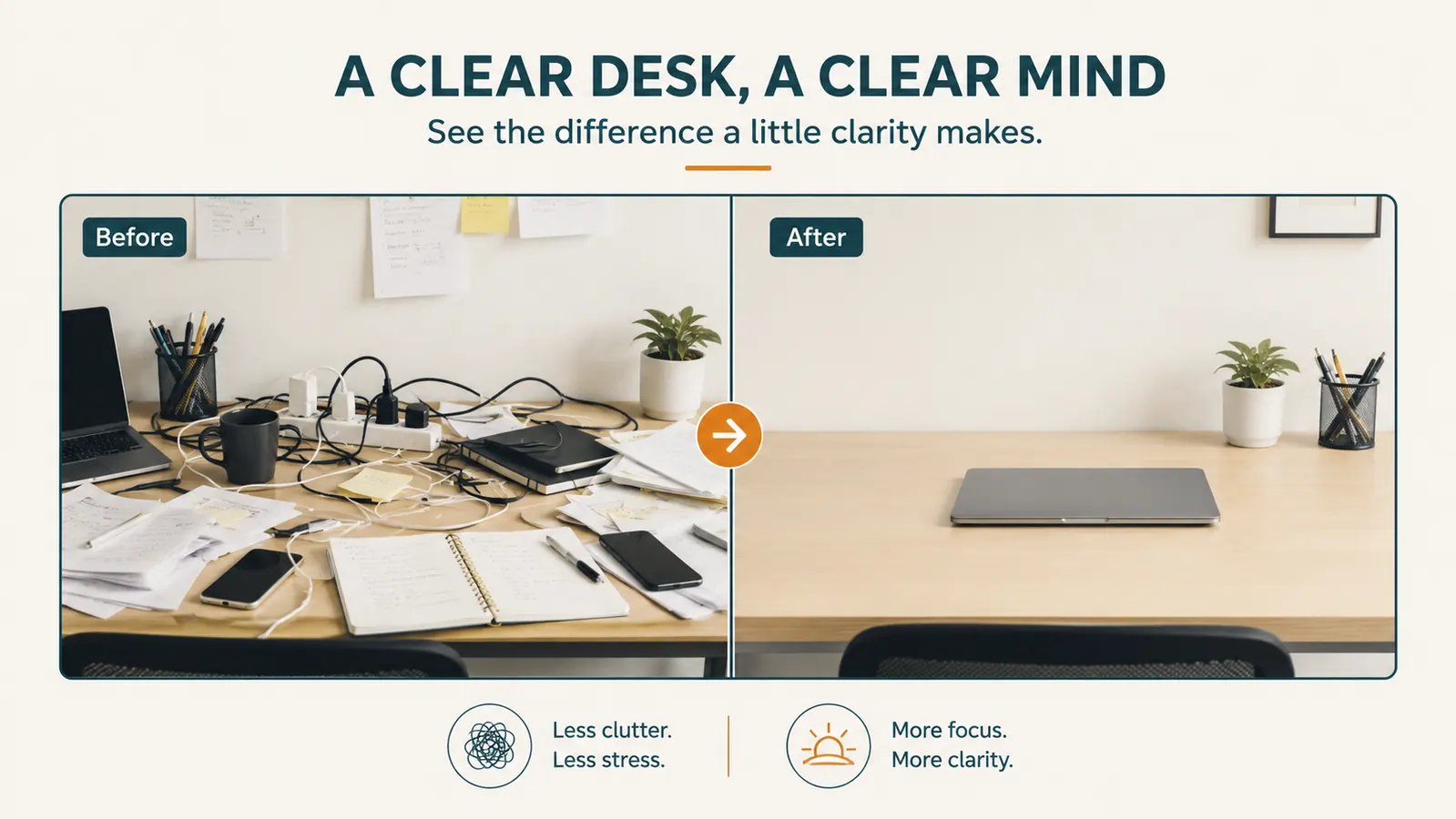Before and after split image of a cluttered desktop covered in loose items next to the same desk cleared off