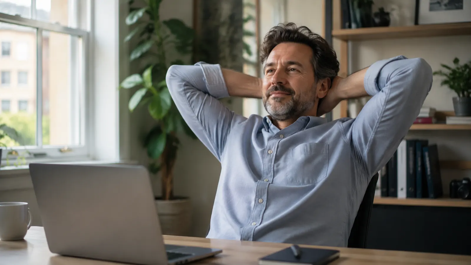 Home office worker leaning back in a chair at a clear desk with hands behind head, relaxed