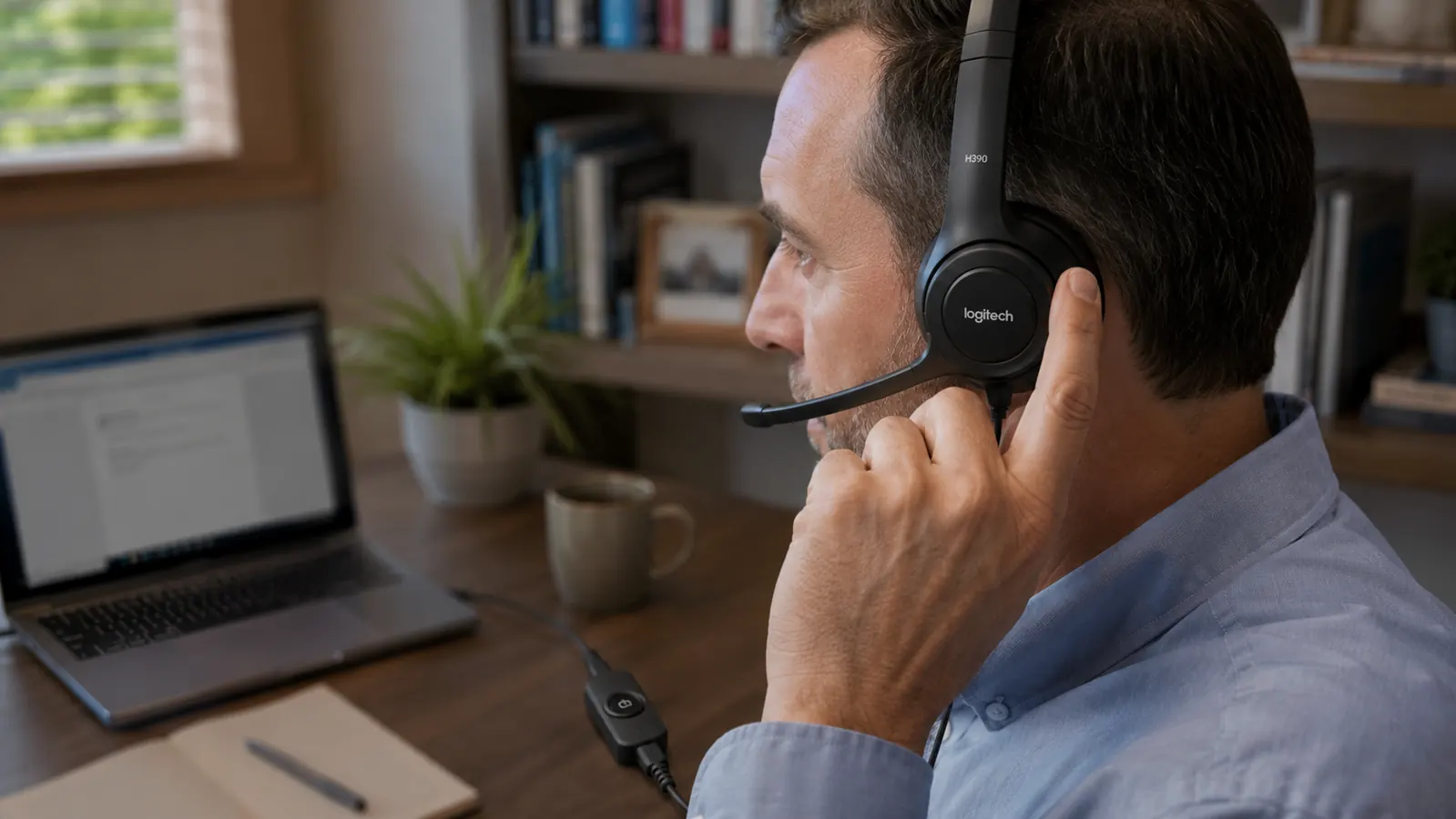 Hand placing a wired headset with boom microphone over the ears at a desk