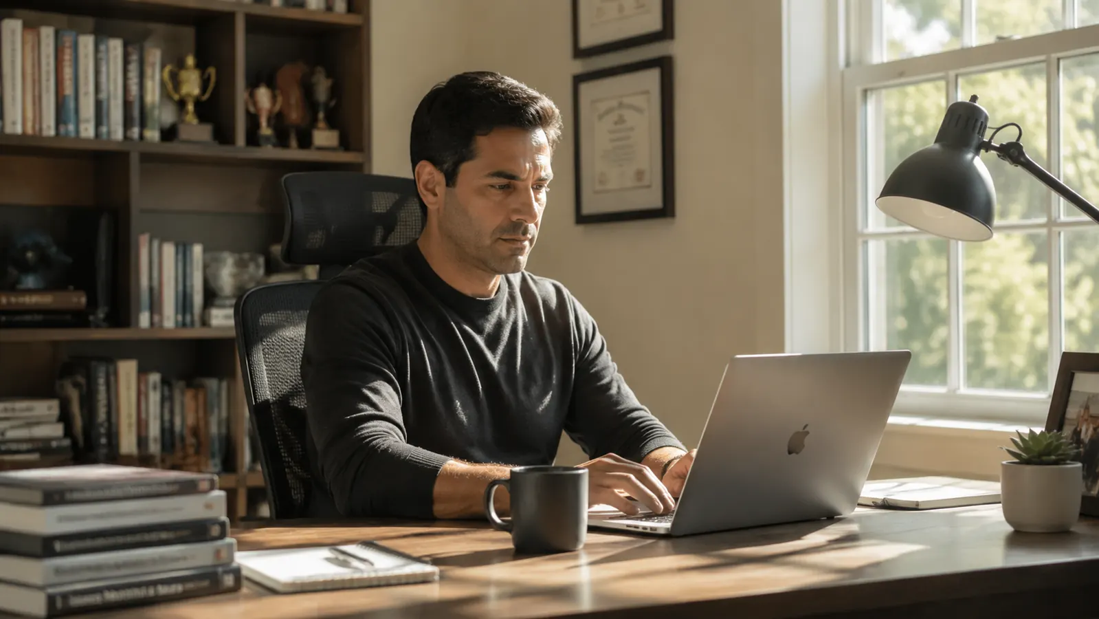 Home office desk during daylight, calm and undisturbed, laptop open with work visible on screen