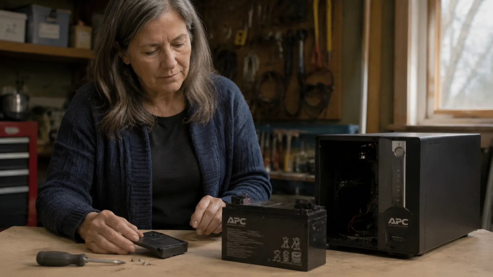 A replacement APC battery cartridge sitting next to the opened UPS unit on a workbench