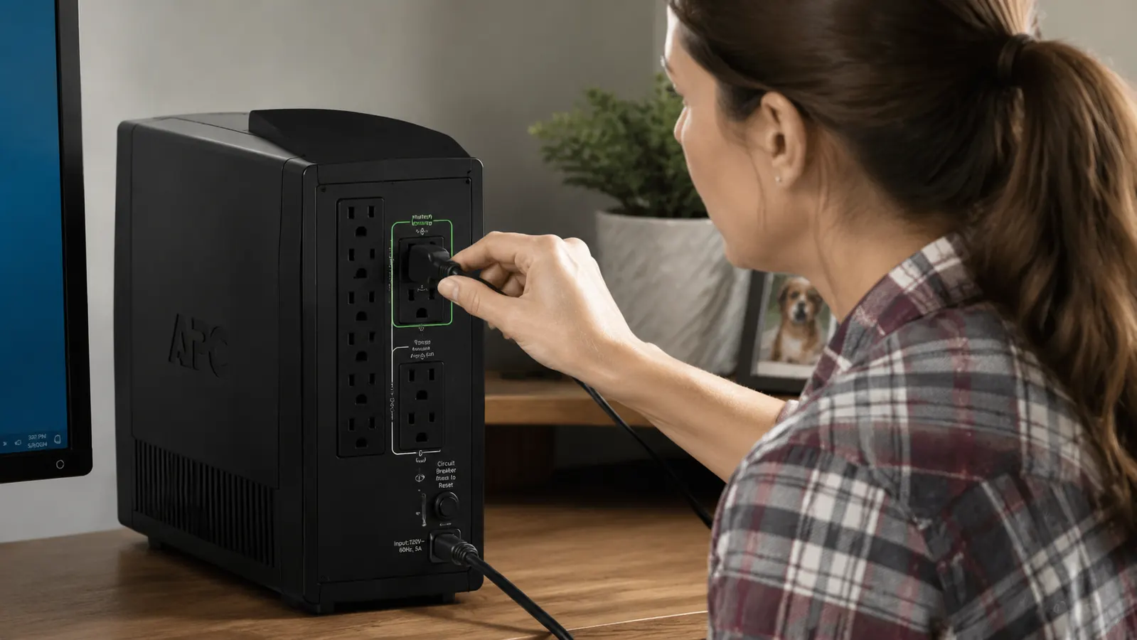 Hand plugging a router power cord into the battery-backed outlets on the back of the APC UPS unit