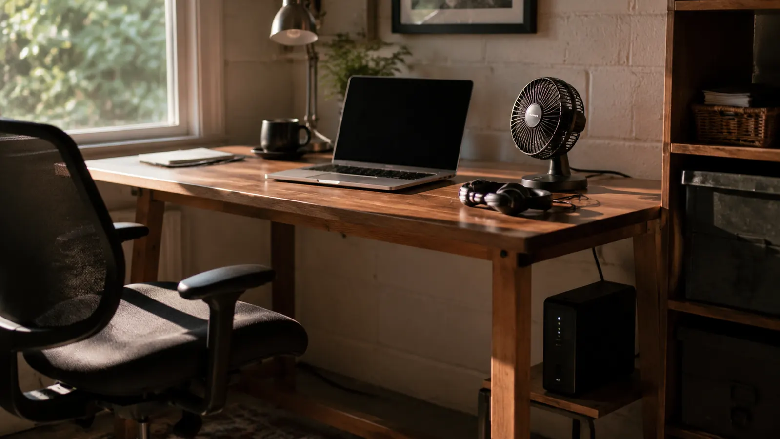 A practical home workstation in warm morning light, calm and grown-up