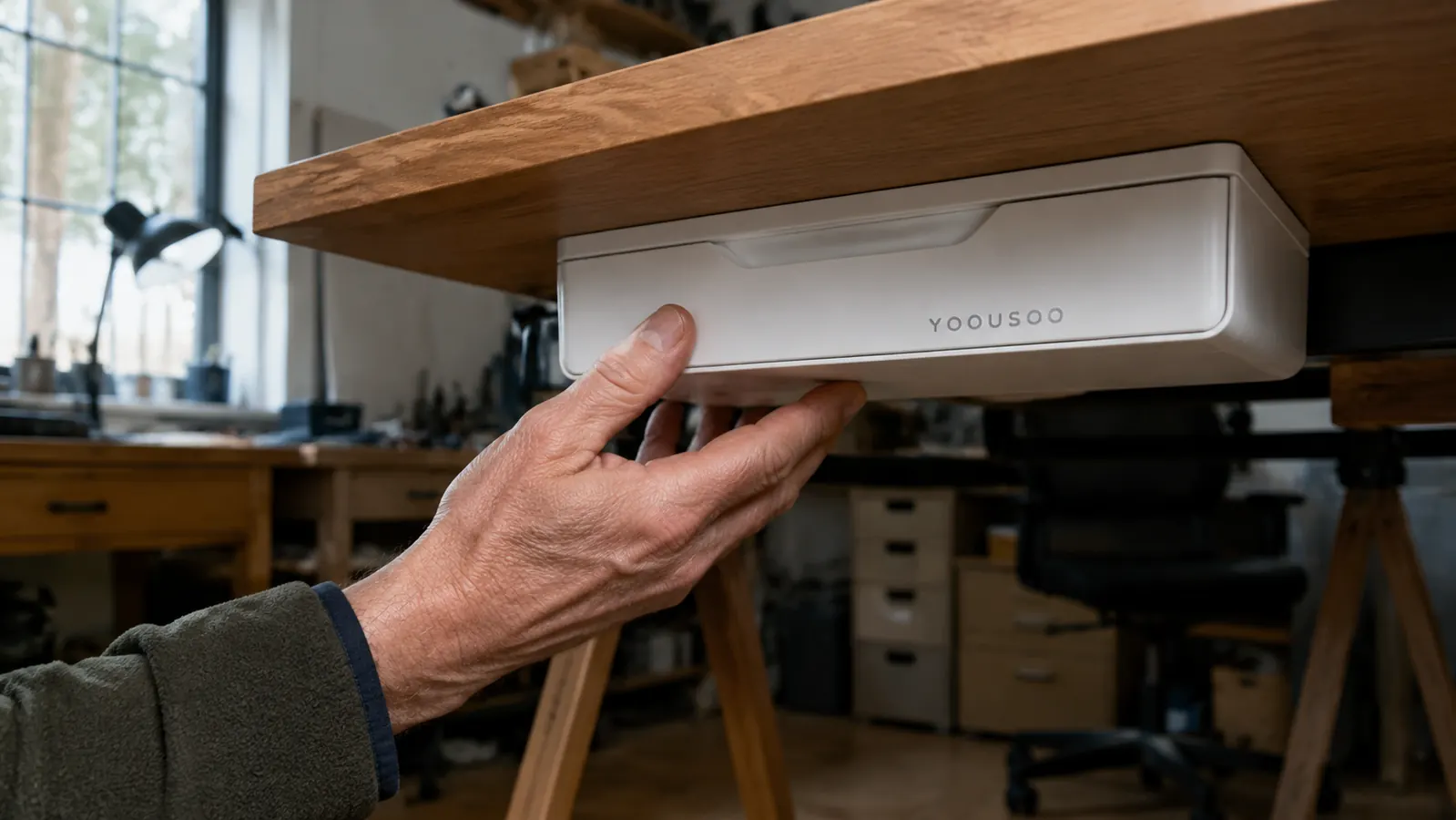 A hand peeling the adhesive backing off the under desk drawer before mounting it beneath a desktop