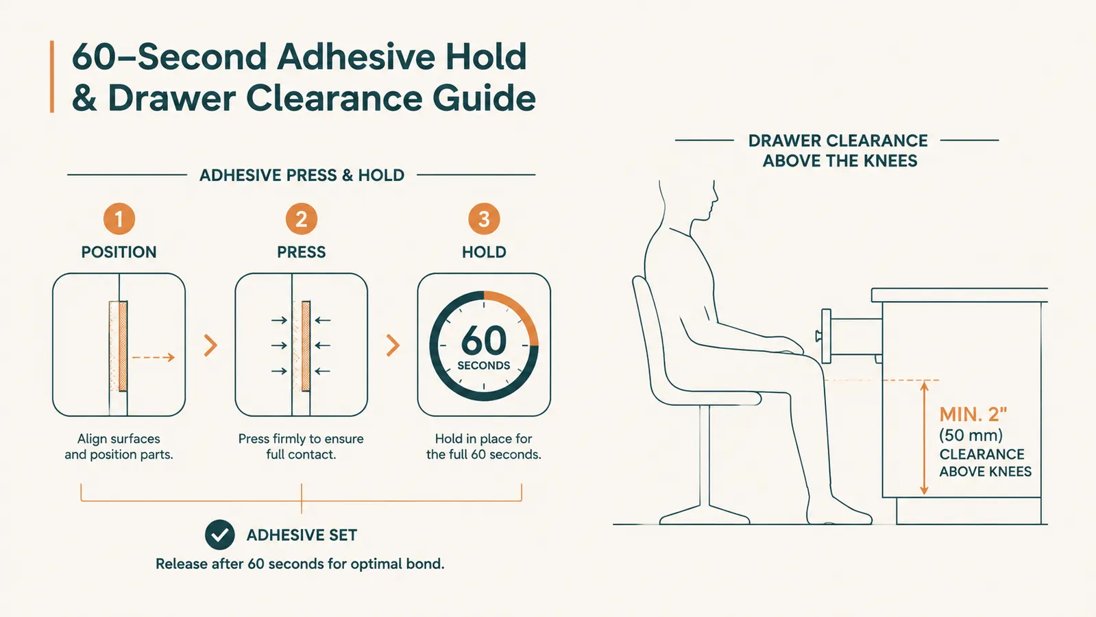 Diagram showing the 60 second timer for adhesive cure and drawer position relative to the knees
