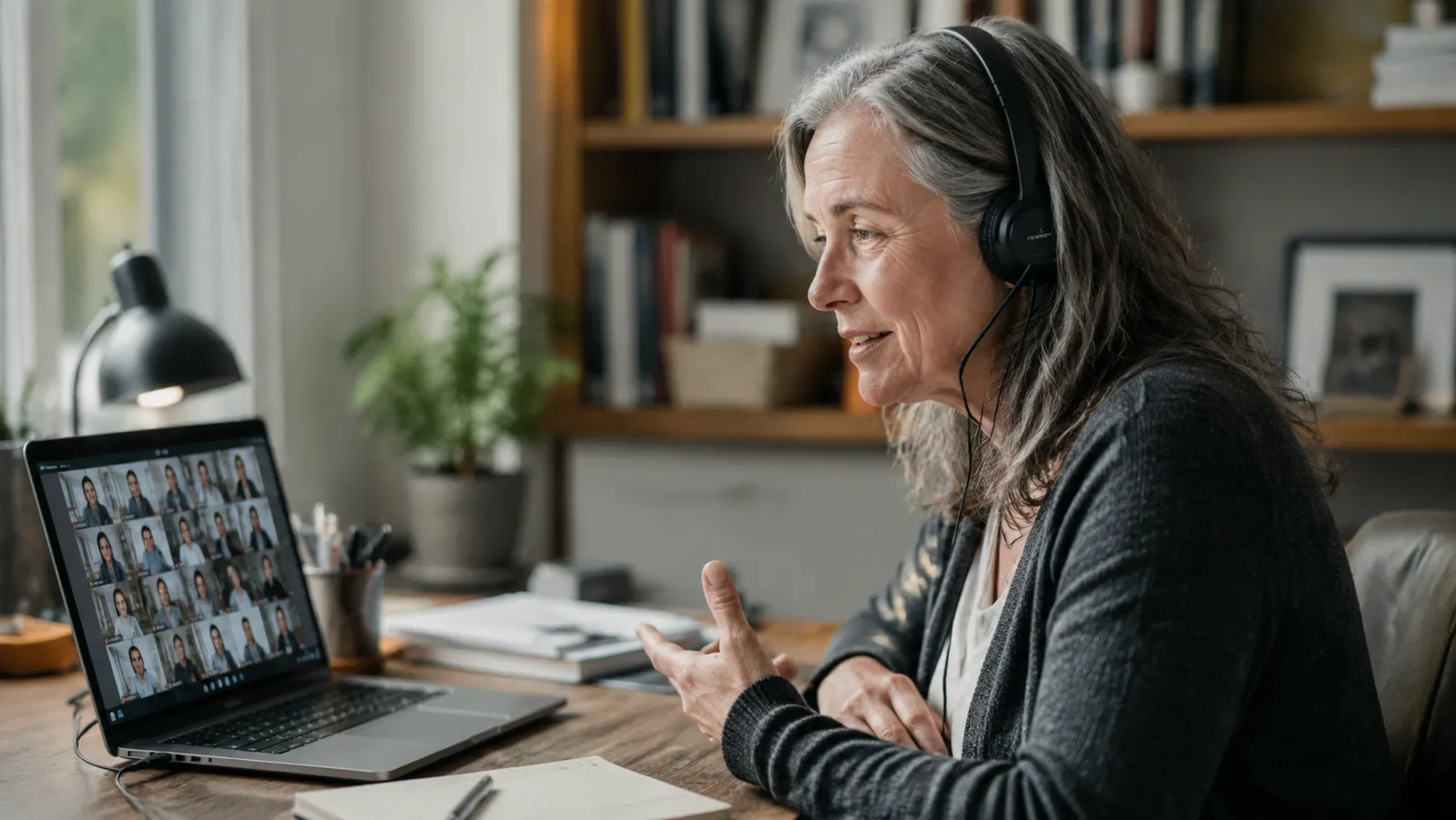 Person on a work call at a desk wearing a wired headset with a calm, focused expression