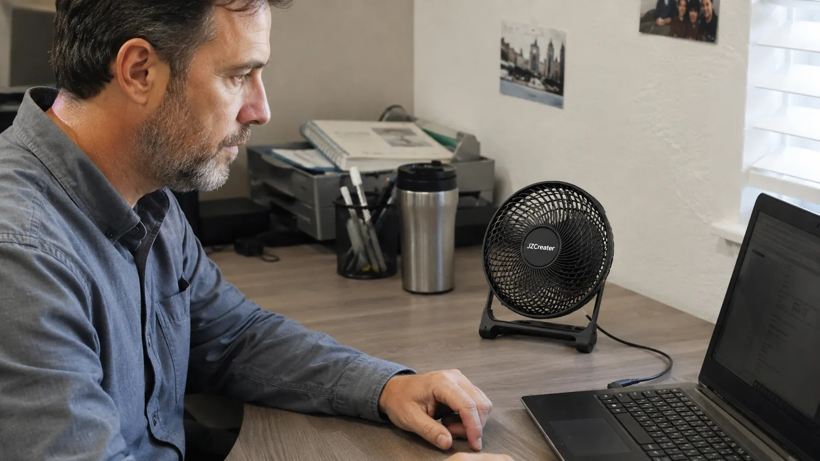 A small black USB desk fan clipped to the edge of a desk, angled toward a keyboard and monitor