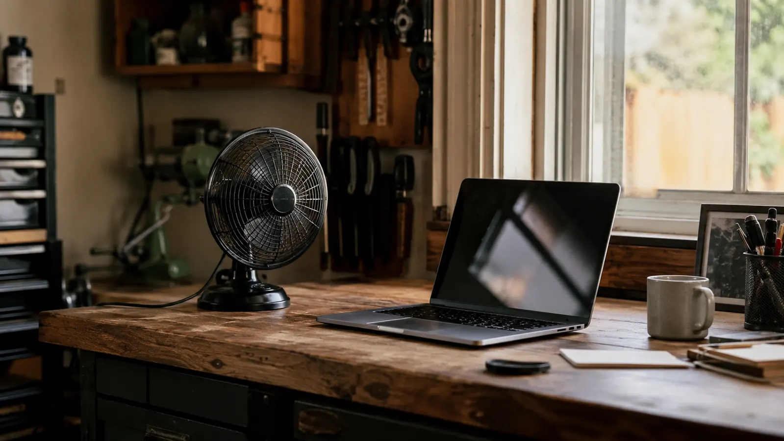 Wide shot of a garage home office desk with a small fan running, tools and a workbench visible in the background