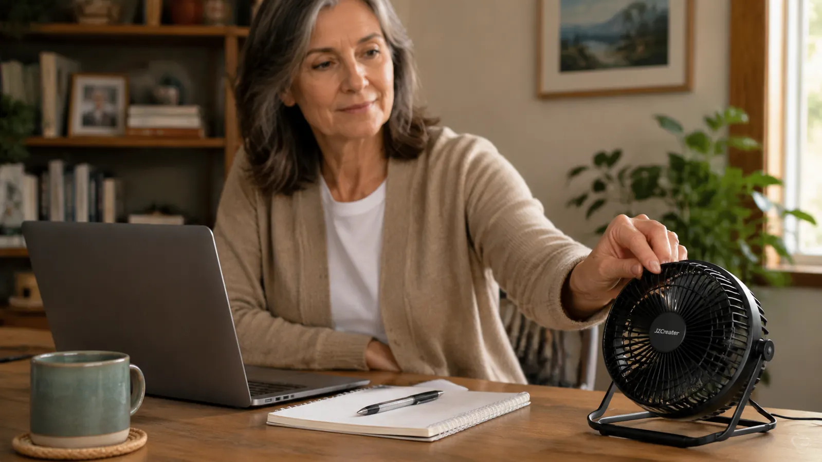 Hand adjusting the rotation knob on the JZCreater USB desk fan next to a laptop and coffee mug
