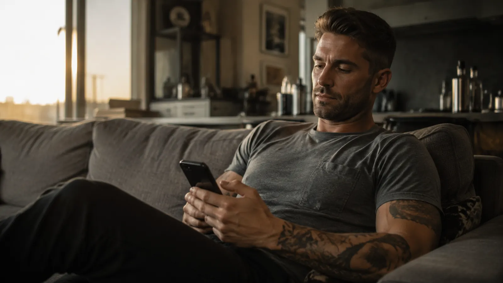 A relaxed remote worker in the evening reading on the couch instead of sitting at his desk, no headache tension in his face