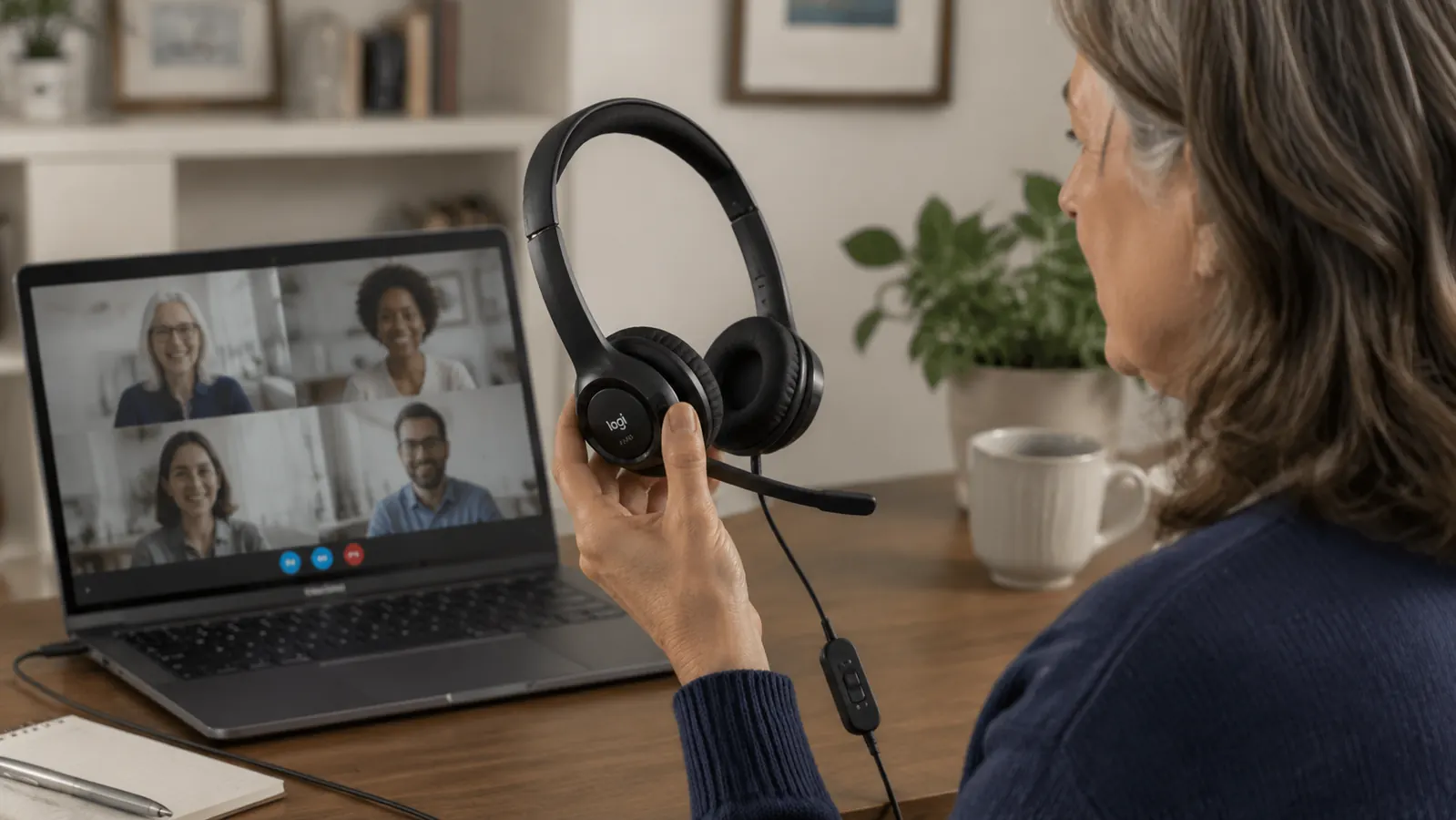 Hand holding the Logitech H390 headset next to an open laptop on a desk