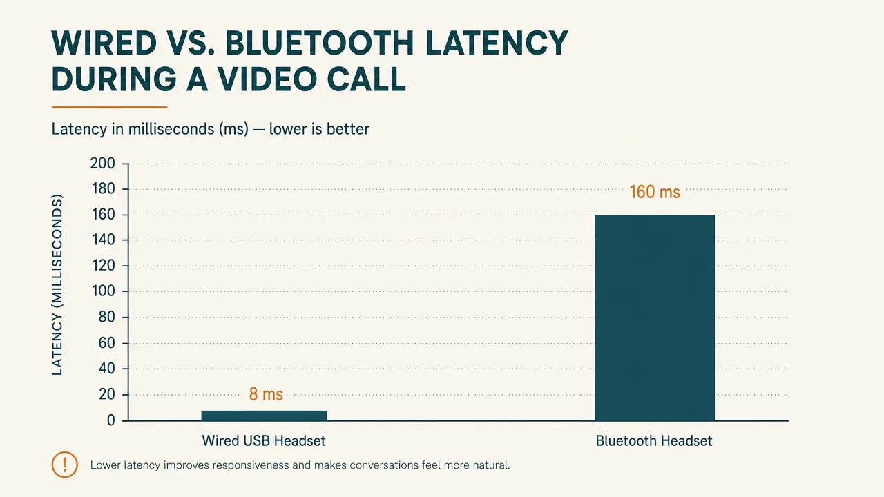 Bar chart comparing latency in milliseconds between a wired USB headset and a Bluetooth headset during a video call