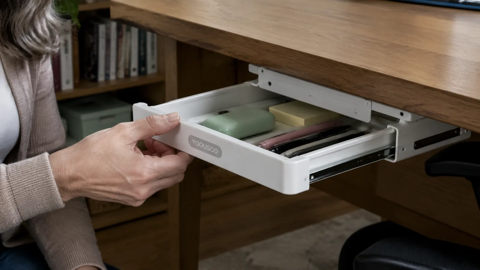 Hand sliding open a white under desk drawer mounted beneath a wooden desktop