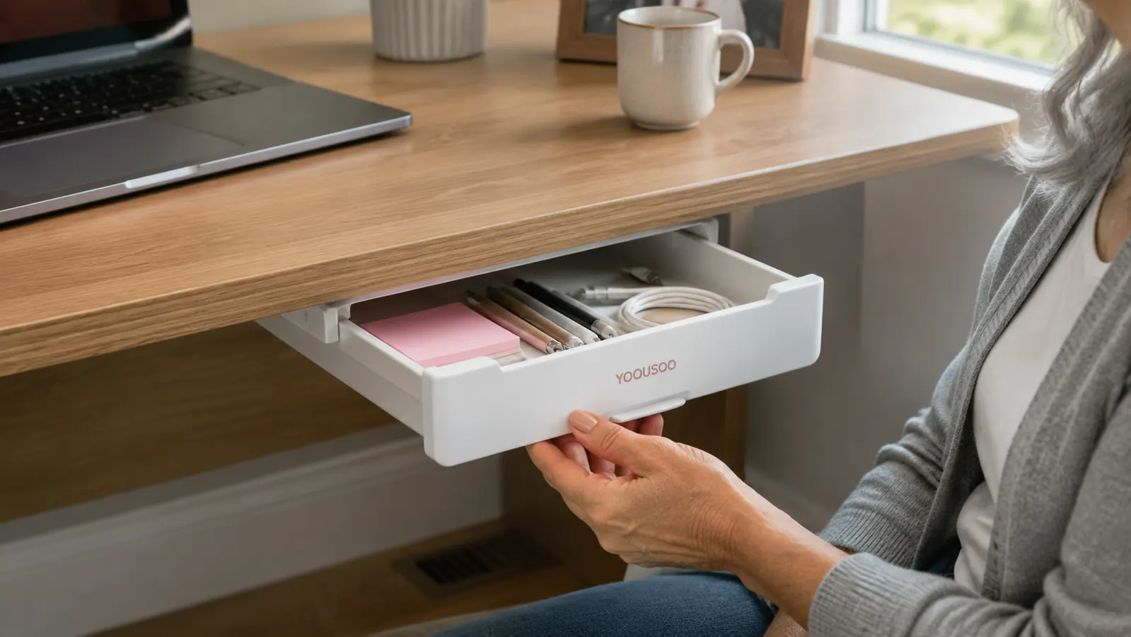 Hand sliding open a white under desk drawer organizer to reveal pens, a notepad, and earbuds